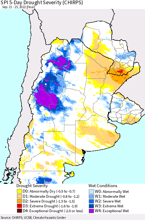 Southern South America SPI 5-Day Drought Severity (CHIRPS) Thematic Map For 9/21/2022 - 9/25/2022