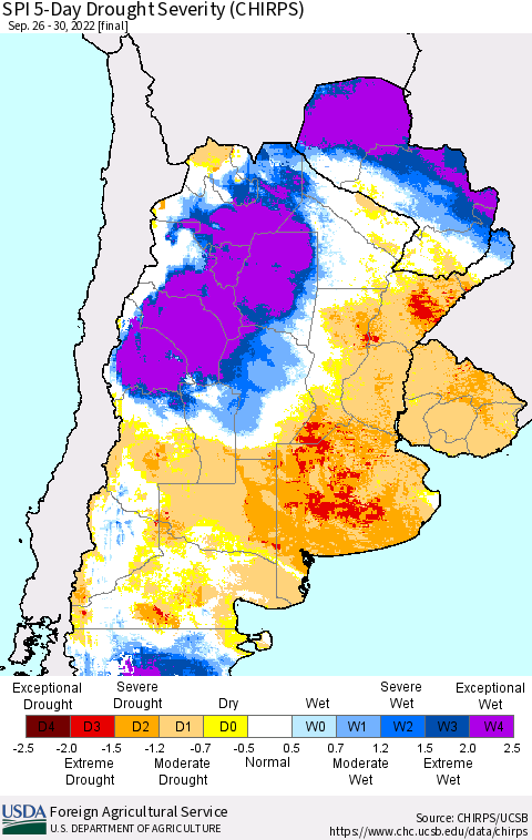 Southern South America SPI 5-Day Drought Severity (CHIRPS) Thematic Map For 9/26/2022 - 9/30/2022