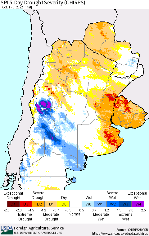 Southern South America SPI 5-Day Drought Severity (CHIRPS) Thematic Map For 10/1/2022 - 10/5/2022