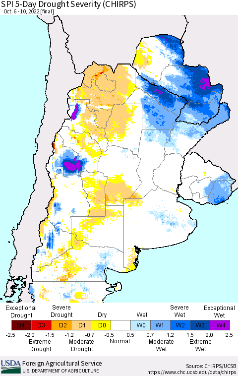 Southern South America SPI 5-Day Drought Severity (CHIRPS) Thematic Map For 10/6/2022 - 10/10/2022