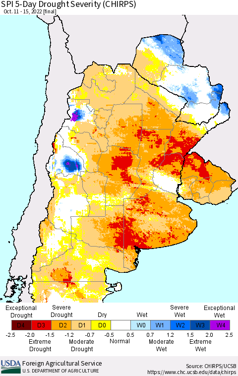 Southern South America SPI 5-Day Drought Severity (CHIRPS) Thematic Map For 10/11/2022 - 10/15/2022