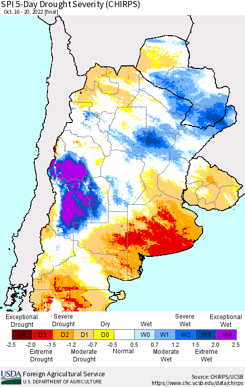 Southern South America SPI 5-Day Drought Severity (CHIRPS) Thematic Map For 10/16/2022 - 10/20/2022