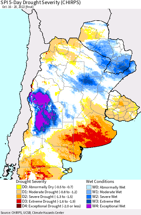 Southern South America SPI 5-Day Drought Severity (CHIRPS) Thematic Map For 10/16/2022 - 10/20/2022