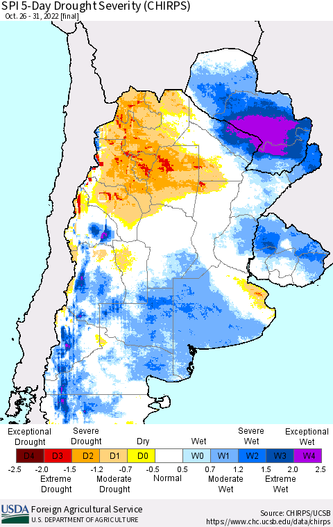 Southern South America SPI 5-Day Drought Severity (CHIRPS) Thematic Map For 10/26/2022 - 10/31/2022