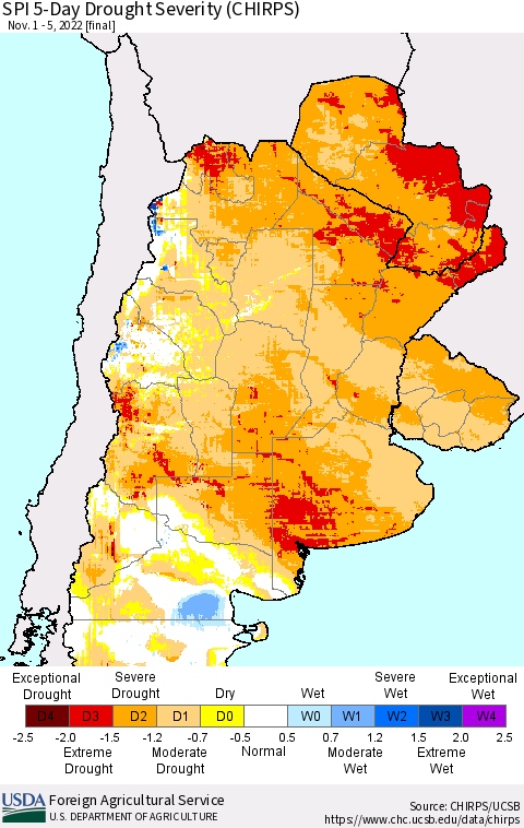 Southern South America SPI 5-Day Drought Severity (CHIRPS) Thematic Map For 11/1/2022 - 11/5/2022