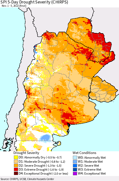 Southern South America SPI 5-Day Drought Severity (CHIRPS) Thematic Map For 11/1/2022 - 11/5/2022