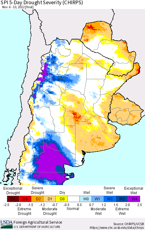 Southern South America SPI 5-Day Drought Severity (CHIRPS) Thematic Map For 11/6/2022 - 11/10/2022