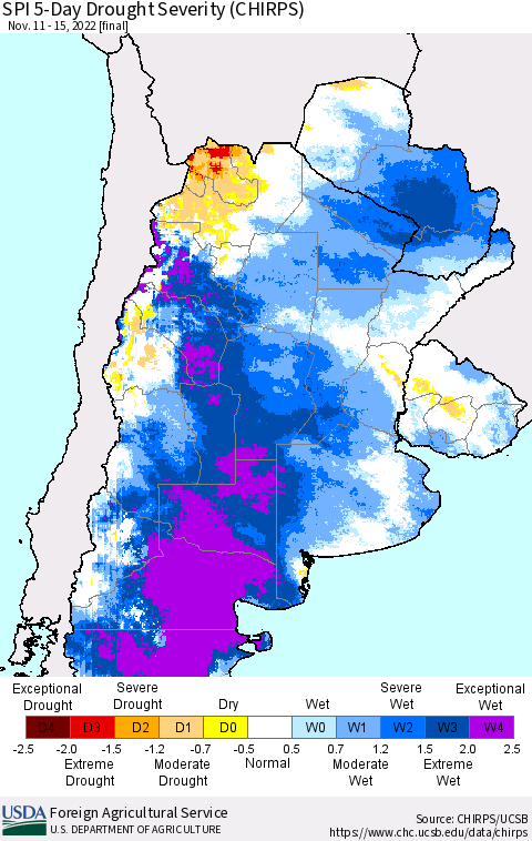 Southern South America SPI 5-Day Drought Severity (CHIRPS) Thematic Map For 11/11/2022 - 11/15/2022