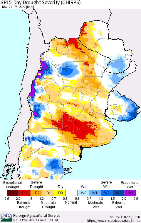 Southern South America SPI 5-Day Drought Severity (CHIRPS) Thematic Map For 11/21/2022 - 11/25/2022