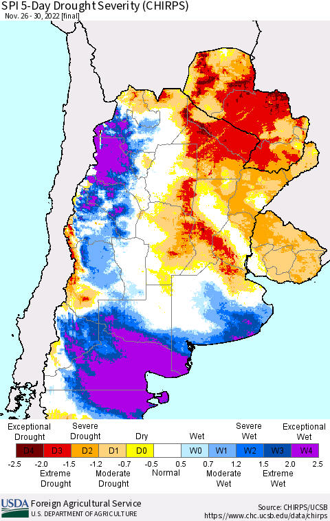 Southern South America SPI 5-Day Drought Severity (CHIRPS) Thematic Map For 11/26/2022 - 11/30/2022