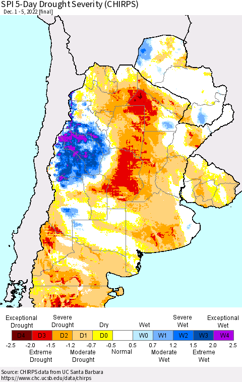 Southern South America SPI 5-Day Drought Severity (CHIRPS) Thematic Map For 12/1/2022 - 12/5/2022