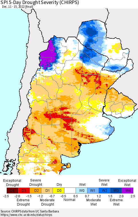Southern South America SPI 5-Day Drought Severity (CHIRPS) Thematic Map For 12/11/2022 - 12/15/2022