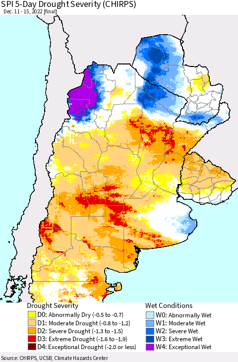 Southern South America SPI 5-Day Drought Severity (CHIRPS) Thematic Map For 12/11/2022 - 12/15/2022