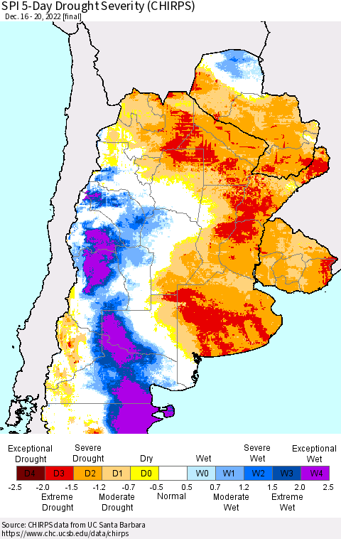 Southern South America SPI 5-Day Drought Severity (CHIRPS) Thematic Map For 12/16/2022 - 12/20/2022