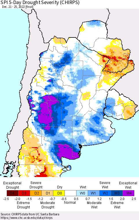 Southern South America SPI 5-Day Drought Severity (CHIRPS) Thematic Map For 12/21/2022 - 12/25/2022