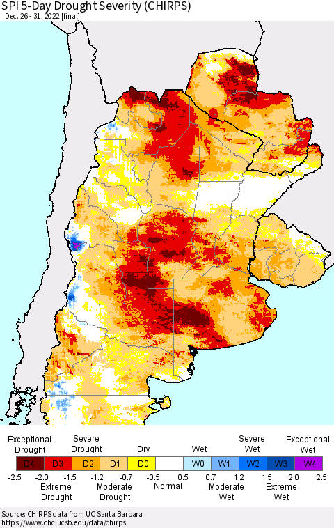 Southern South America SPI 5-Day Drought Severity (CHIRPS) Thematic Map For 12/26/2022 - 12/31/2022