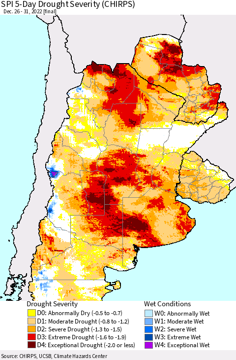 Southern South America SPI 5-Day Drought Severity (CHIRPS) Thematic Map For 12/26/2022 - 12/31/2022