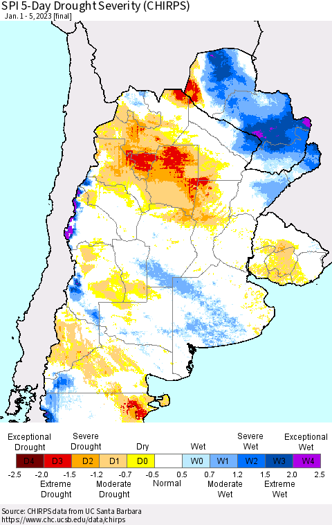 Southern South America SPI 5-Day Drought Severity (CHIRPS) Thematic Map For 1/1/2023 - 1/5/2023