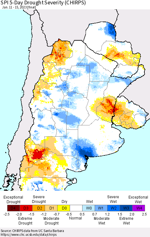 Southern South America SPI 5-Day Drought Severity (CHIRPS) Thematic Map For 1/11/2023 - 1/15/2023