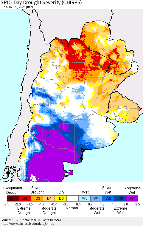 Southern South America SPI 5-Day Drought Severity (CHIRPS) Thematic Map For 1/16/2023 - 1/20/2023