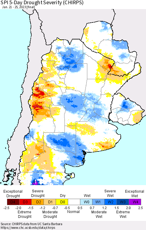 Southern South America SPI 5-Day Drought Severity (CHIRPS) Thematic Map For 1/21/2023 - 1/25/2023