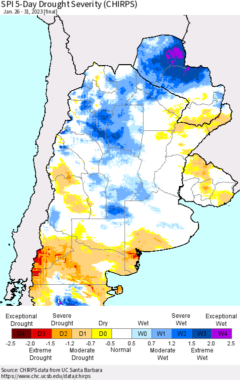 Southern South America SPI 5-Day Drought Severity (CHIRPS) Thematic Map For 1/26/2023 - 1/31/2023