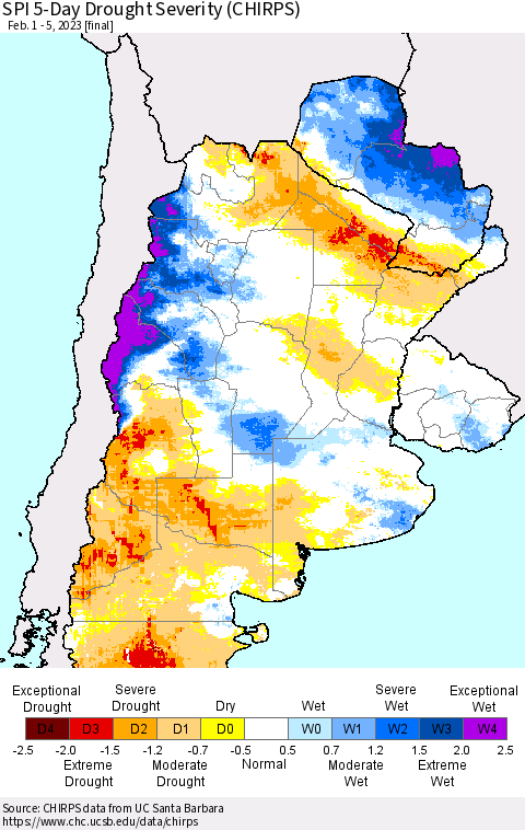 Southern South America SPI 5-Day Drought Severity (CHIRPS) Thematic Map For 2/1/2023 - 2/5/2023