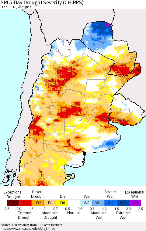 Southern South America SPI 5-Day Drought Severity (CHIRPS) Thematic Map For 2/6/2023 - 2/10/2023