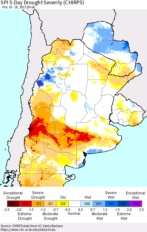 Southern South America SPI 5-Day Drought Severity (CHIRPS) Thematic Map For 2/16/2023 - 2/20/2023