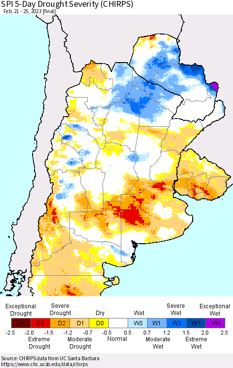 Southern South America SPI 5-Day Drought Severity (CHIRPS) Thematic Map For 2/21/2023 - 2/25/2023