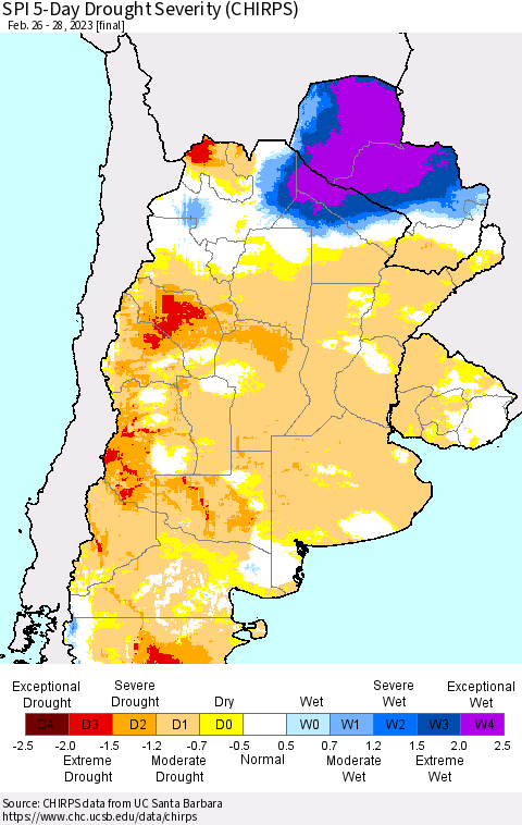 Southern South America SPI 5-Day Drought Severity (CHIRPS) Thematic Map For 2/26/2023 - 2/28/2023
