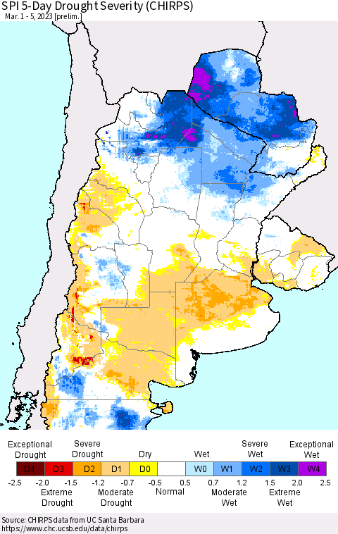 Southern South America SPI 5-Day Drought Severity (CHIRPS) Thematic Map For 3/1/2023 - 3/5/2023