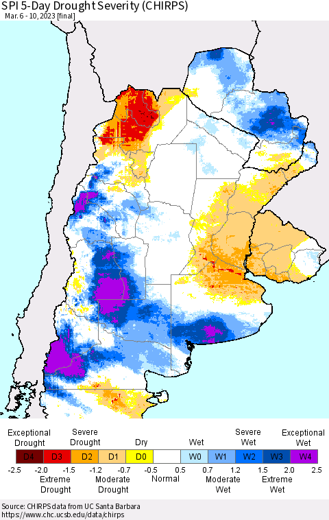 Southern South America SPI 5-Day Drought Severity (CHIRPS) Thematic Map For 3/6/2023 - 3/10/2023