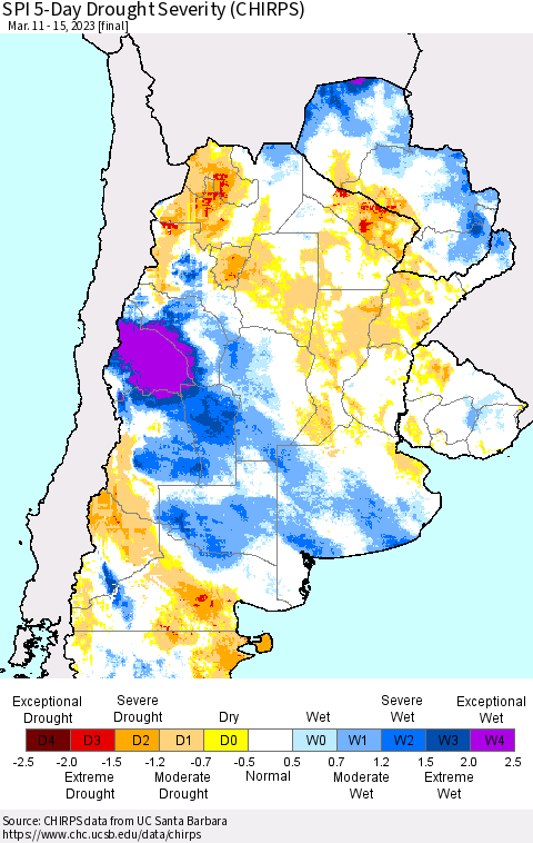 Southern South America SPI 5-Day Drought Severity (CHIRPS) Thematic Map For 3/11/2023 - 3/15/2023