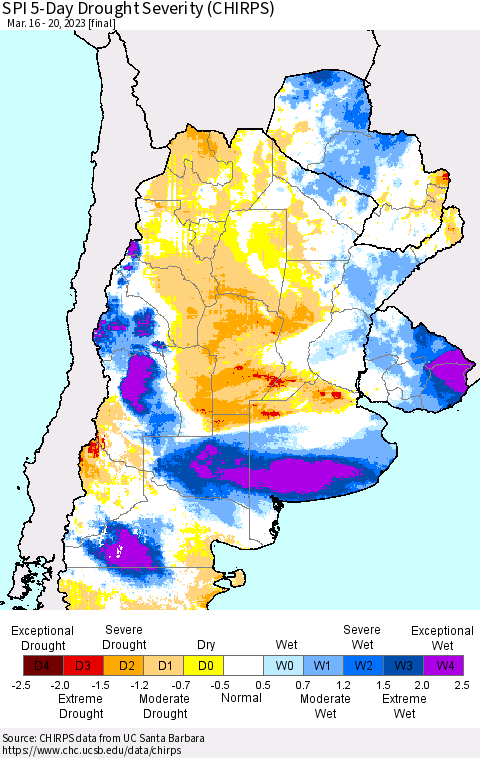 Southern South America SPI 5-Day Drought Severity (CHIRPS) Thematic Map For 3/16/2023 - 3/20/2023