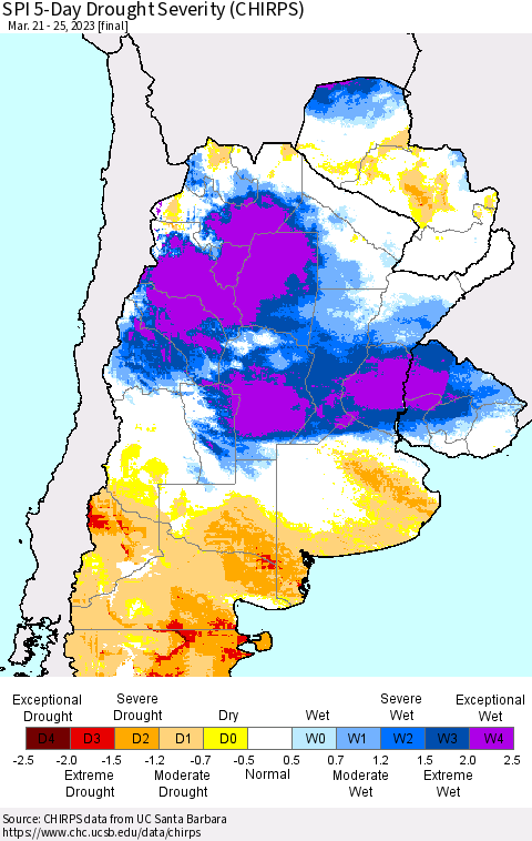 Southern South America SPI 5-Day Drought Severity (CHIRPS) Thematic Map For 3/21/2023 - 3/25/2023