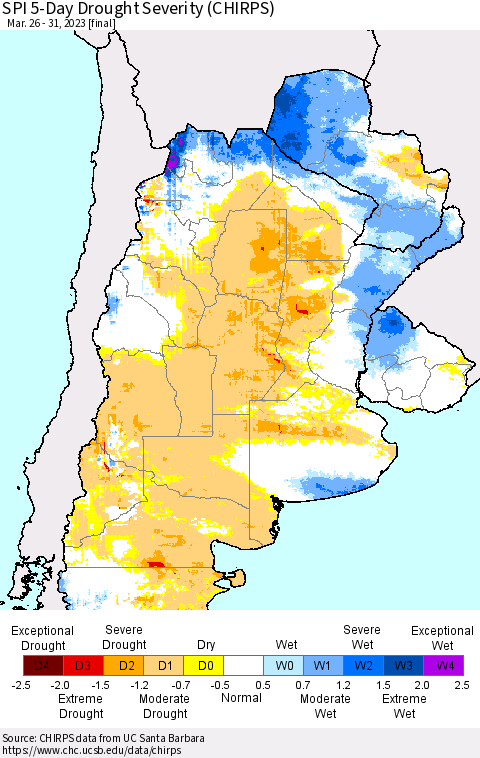 Southern South America SPI 5-Day Drought Severity (CHIRPS) Thematic Map For 3/26/2023 - 3/31/2023