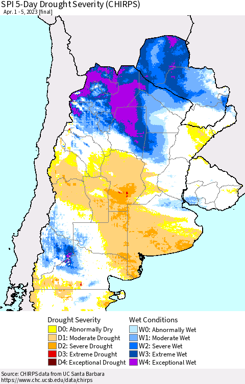 Southern South America SPI 5-Day Drought Severity (CHIRPS) Thematic Map For 4/1/2023 - 4/5/2023