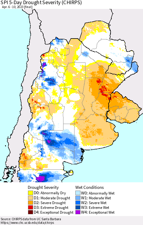 Southern South America SPI 5-Day Drought Severity (CHIRPS) Thematic Map For 4/6/2023 - 4/10/2023