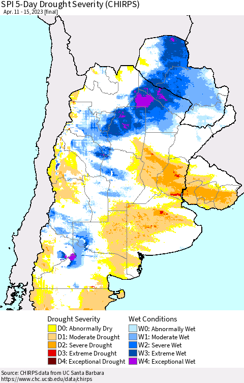 Southern South America SPI 5-Day Drought Severity (CHIRPS) Thematic Map For 4/11/2023 - 4/15/2023