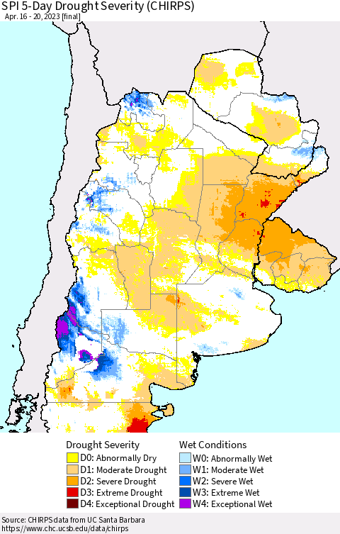 Southern South America SPI 5-Day Drought Severity (CHIRPS) Thematic Map For 4/16/2023 - 4/20/2023