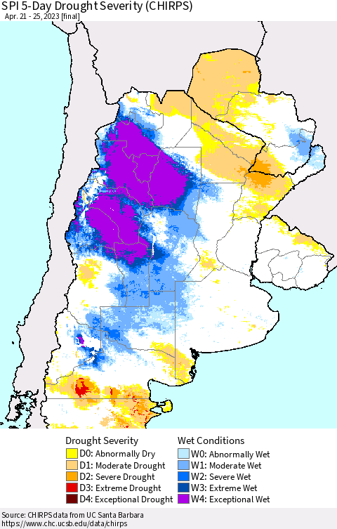 Southern South America SPI 5-Day Drought Severity (CHIRPS) Thematic Map For 4/21/2023 - 4/25/2023