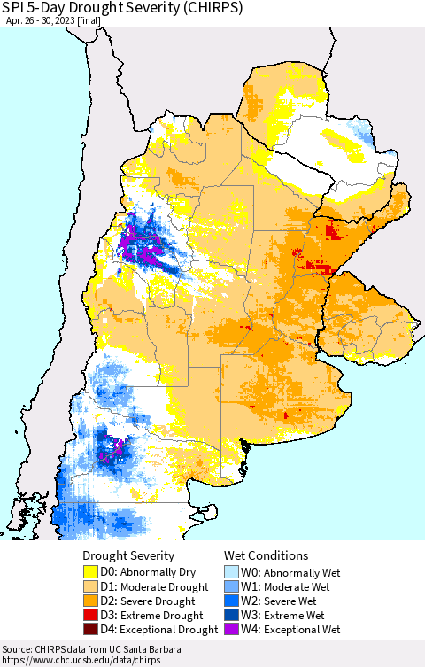 Southern South America SPI 5-Day Drought Severity (CHIRPS) Thematic Map For 4/26/2023 - 4/30/2023