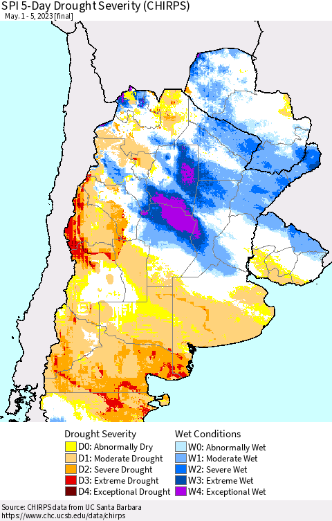 Southern South America SPI 5-Day Drought Severity (CHIRPS) Thematic Map For 5/1/2023 - 5/5/2023