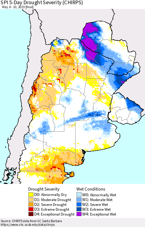 Southern South America SPI 5-Day Drought Severity (CHIRPS) Thematic Map For 5/6/2023 - 5/10/2023