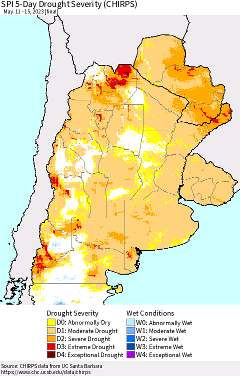 Southern South America SPI 5-Day Drought Severity (CHIRPS) Thematic Map For 5/11/2023 - 5/15/2023