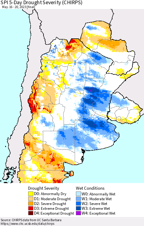 Southern South America SPI 5-Day Drought Severity (CHIRPS) Thematic Map For 5/16/2023 - 5/20/2023