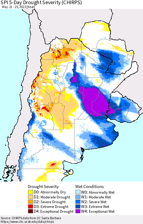 Southern South America SPI 5-Day Drought Severity (CHIRPS) Thematic Map For 5/21/2023 - 5/25/2023
