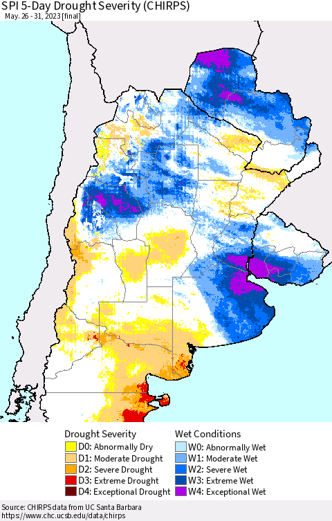 Southern South America SPI 5-Day Drought Severity (CHIRPS) Thematic Map For 5/26/2023 - 5/31/2023