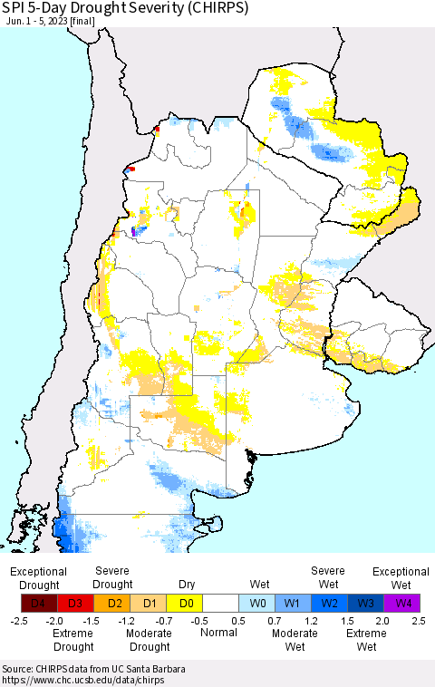 Southern South America SPI 5-Day Drought Severity (CHIRPS) Thematic Map For 6/1/2023 - 6/5/2023